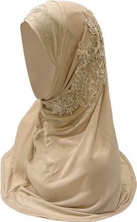 Generic Women Muslim Hijab Wrap Solid Color Lace Muslim Hijab Wrap Scarf Cap Head Cover Wide Knotted Headband (Beige, One Size)