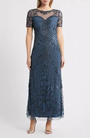 Pisarro Nights Illusion Beaded Mesh Column Gown in Coastal Blue 455 at Nordstrom, Size 14