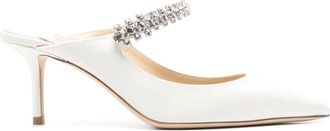 Jimmy Choo London Kristalversierde Ivoorwitte Satijnen Schoenen - Dames - Muiltjes - Beige - 38 EU - Satijn - Schoenen