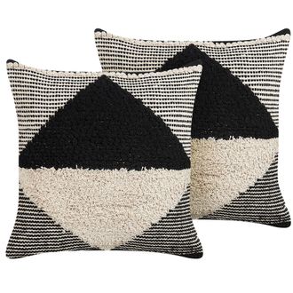 Beliani Conjunto De 2 Cojines De Algod&oacute;n Beige Negro 50 X 50 Cm Patr&oacute;n Geom&eacute;trico Khora