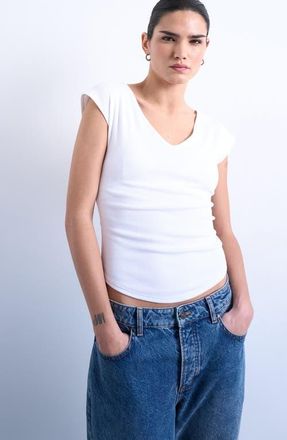 Topshop Rib V-Neck T-Shirt in White at Nordstrom, Size X-Small