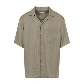Saint Laurent Short Sleeve Shirts, male, Green, Size: 2XL Geometric Silk Satin Shirt