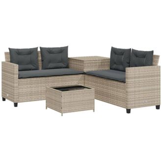vidaXL Sof&aacute; Jard&iacute;n Forma De L Con Mesa Y Cojines Rat&aacute;n Pe Gris Claro Vidaxl