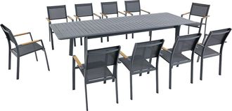 Vente-Unique Comedor de jard&iacute;n de aluminio: Mesa extensible L.205/286,5 cm y 10 sillones apilables - Antracita - MACILA de MYLIA