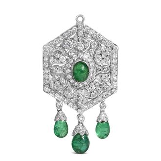House of Brilliance 18K 2 3/4 Cttw Diamond and Emerald Dangle Art Deco Shield Brooch Pin Pendant