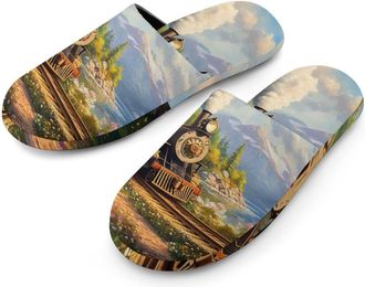 Generic Vintage Steam Train in Spring Mens Slippers Flannel Warm House Shoes with Rubber Anti-Slip Sole Slip On for Home Outdoor