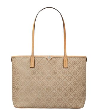 Tory Burch Beige T Monogram Top Zip Small Tote