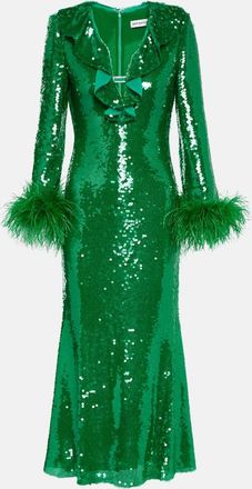 Self Portrait Feather-trimmed sequined midi dress