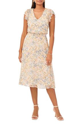 Chaus Floral Smocked Waist Midi Dress in White Multi at Nordstrom, Size Medium