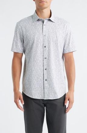 Bugatchi Miles OoohCotton Leaf Print Short Sleeve Button-Up Shirt in Zinc at Nordstrom Rack, Size Xx-Large