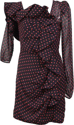 Self Portrait Plumetis One Shoulder Polka Dot Ruffled Mini Dress in Red Polyester