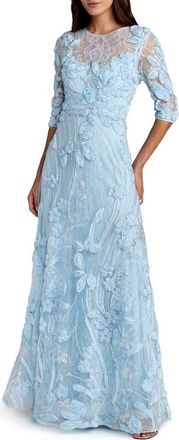 Mac Duggal Womens High Neck Embellished Lace Gown with 3/4 Sleeves in Periwinkle at Nordstrom, Size 10