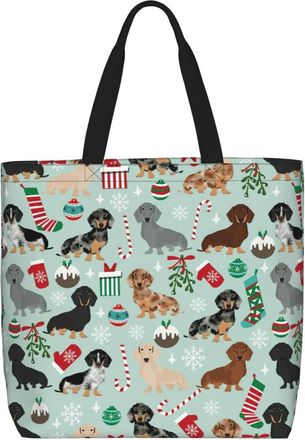 Generic Women Handbag Dachshund Pattern Christmas Ladies Shopping Shoulder Bag Folding Casual Crossbody Bags, For Swim, Daily, School, Holiday, Work