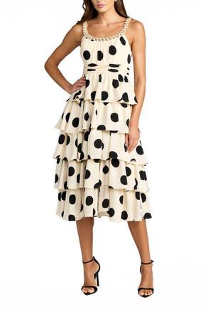 Mac Duggal Polka Dot Charmeuse Scoop Neck Ruffle Midi Dress in Black Ivory at Nordstrom, Size 14