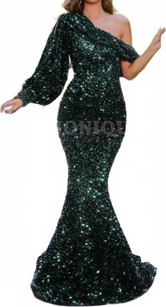 Portia & Scarlett Single-Sleeved Mermaid Evening Gown In Emerald