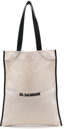Jil Sander Flat embroidered-logo tote bag - women - Cotton/Calf Leather/Polyurethane/Jute - One Size - Neutrals