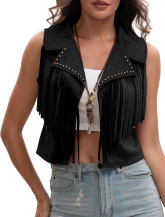 Feoya Womens Tassel Vest 70s Hippie Faux Suede Rivets Fringe Jacket Sleeveless Vintage Cowgirl Cardigan Open Front Boho Waistcoat Black XS