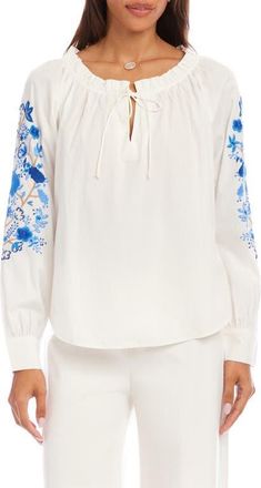 Karen Kane Floral Embroidered Cotton Peasant Top in White at Nordstrom, Size X-Small