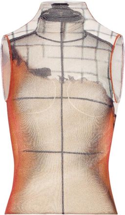 Jean Paul Gaultier Canotta In Tulle Bianco Con Stampa Fire E Fodera Drappeggiata-Donna