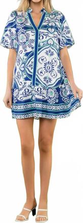 THML Clothing Tile Print Puff Sleeve Mini Dress In Blue