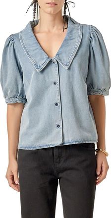 English Factory Peter Pan Collar Balloon Sleeve Denim Top in Blue at Nordstrom, Size X-Small