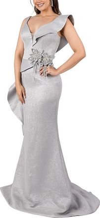 Terani Couture Side Ruffle Collar Solid Maxi Dress