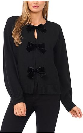 CeCe by Cynthia Steffe Bow Closure Cardigan Womens Sweater Rich Black : SM, Nylon/Polyester