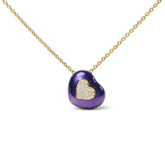 House of Brilliance 18K Yellow Gold Blue Enamel 1/10 Cttw Round Pave Diamonds Heart Shape 18 Pendant Necklace (G-H Color, SI1-SI2 Clarity)