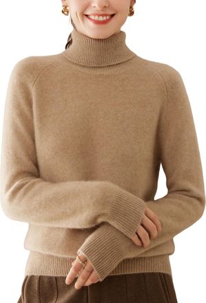 Dissa Women Cashmere Jumper Dark Camel Roll Neck Knitted Jumper Long Sleeve Relaxed Cashmere&Wool Thick Plain Ladies Sweater,UK 16,MH560