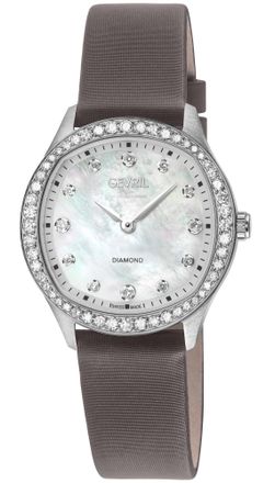 Gevril Group Womens Morcote Swiss Diamond Watch, 316L SS Case, white MOP, Grey Handmade Italian Leather Strap