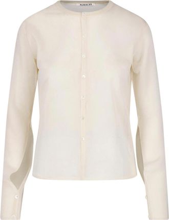 Auralee Silk Cardigan with Semi-Transparent Design and Button Closure