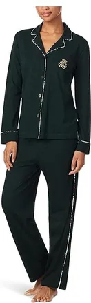 Lauren Ralph Lauren Long Sleeve Notch Collar Knit PJ Set Womens Pajama Sets Green : LG (US 12-14), Cotton/Viscose