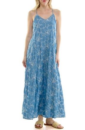 Nicole Miller Floral Embroidered Maxi Slipdress in Medium Wash at Nordstrom Rack, Size X-Large
