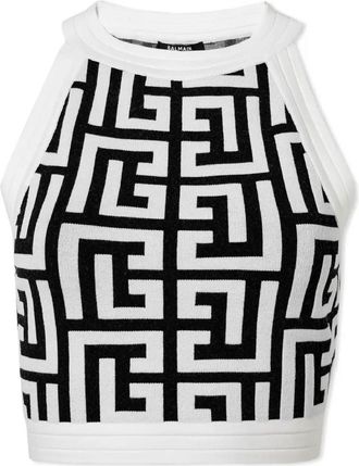 Balmain Sleeveless Monogram Knit Crop Top, Brand Size 40 (US Size 8)