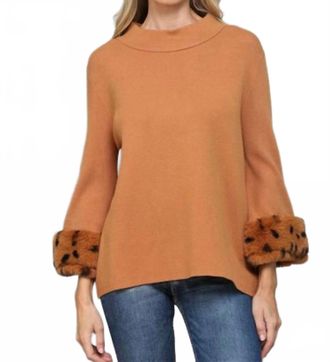 Fate Mock Neck Faux Fur Cuffs Sweater In Camel