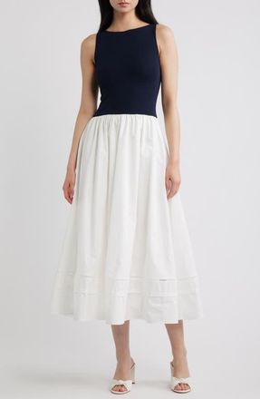Blu Pepper Mixed Media Lace Inset Midi Dress in Navy at Nordstrom, Size Medium