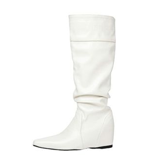 Generic Womens Fashion Slouch Knee High Boots Square Toe Hidden Wedge Heel Dressy Winter Versatile Shoes (White,5.5)