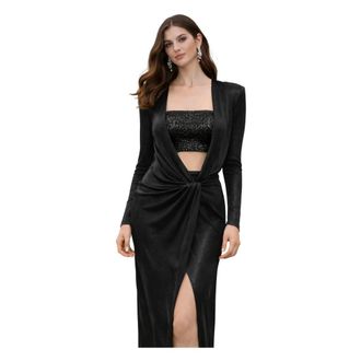 Simona Corsellini Lange V-hals Galajurk met Lange Mouwen en Wijde Split - Dames - Avondkleed - Zwart - XS - Kleedjes