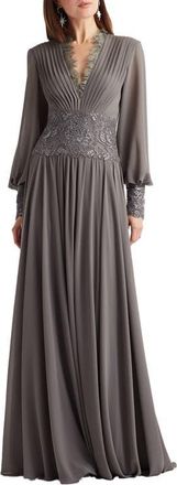 Tadashi Shoji Sequin & Lace Pleated Long Sleeve Chiffon Gown in Mist at Nordstrom, Size 16