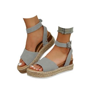 Generic Womens Platform Espadrilles Summer Open Toe Buckle Ankle Strap Beach Sandal Casual Comfortable Faux Leather Dressy Elegant Flats Sandals with Arch Sup