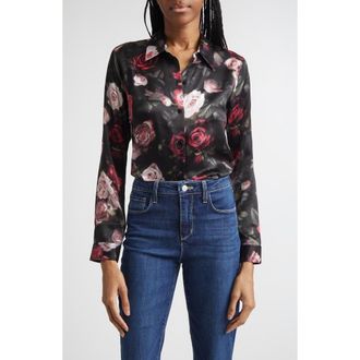L'agence Tyler Silk Button-Up Shirt in Black Rhododendron Blurred Ros at Nordstrom, Size X-Small