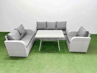 Fimous Patio Dining Table & Chairs Set with 3 Seater Sofa Reclining Chair in Light Grey