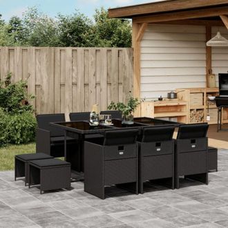 vidaXL Set De Comedor Jard&iacute;n 11 Pzas Con Cojines Rat&aacute;n Sint&eacute;tico Negro