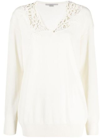 Stella McCartney lace-detail V-neck jumper - women - Viscose/Cotton - 38 - White
