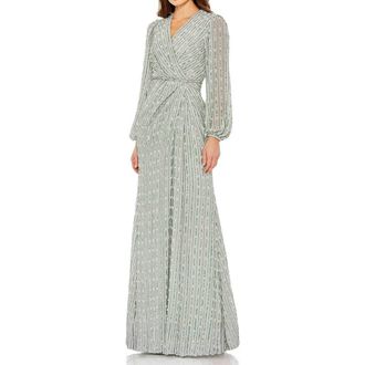 Mac Duggal Sequin-Embellished Long Sleeve V-Neck Evening Gown in Sage at Nordstrom, Size 10