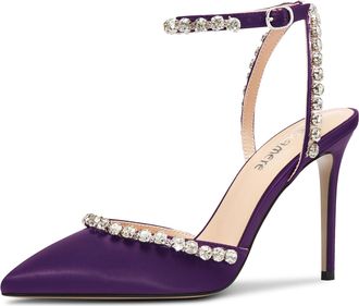 Castamere Womens Stiletto High Heel Pointed Toe Ankle Strap Rhinestone Crystal Pumps Court Shoe Prom Satin 10 CM Heels Deep Purple 7 UK