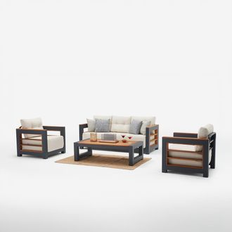Emob Juego De Sal&oacute;n De Jard&iacute;n De Aluminio Y Madera Con Mesa Auxiliar Larix