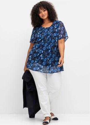 Sheego Longbluse SHEEGO, Damen, Gr. 44/46, blau (marine, gemustert), 100% Polyester, gebl&uuml;mt, gemustert, Rundhals, Blusen Longbluse