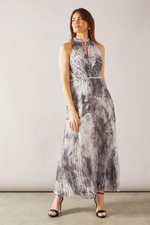 Wallis Womens Printed Embellished Pleated Maxi Dress - Black - Size 12 UK