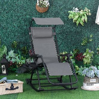 OUTSUNNY Garden Rocking Chair Folding Recliner Outdoor Adjustable Sun Lounger Rocker Zero-Gravity Seat with Headrest Side Holder Patio Deck - Grey |